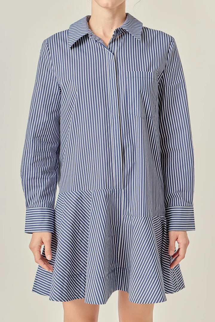 Navy Stripe Collar Flared Skirt Dress