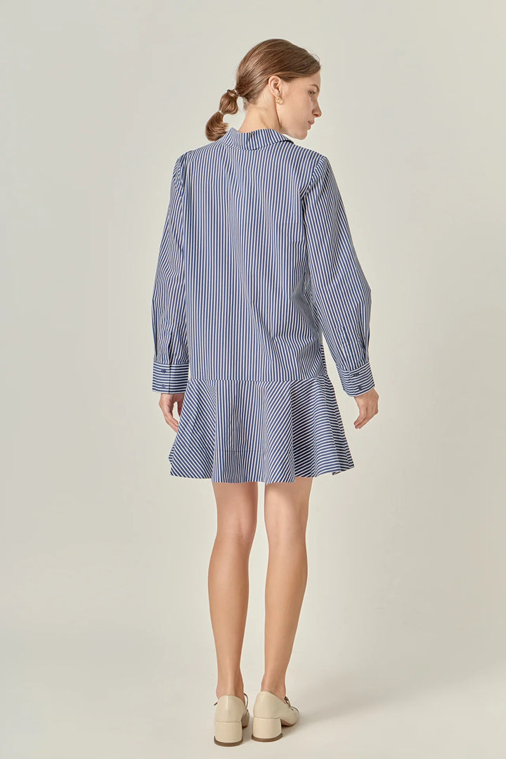 Navy Stripe Collar Flared Skirt Dress