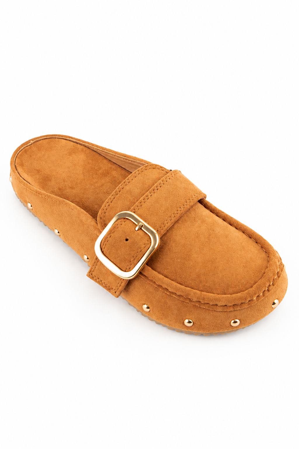 The Studded Buckled Mules in Tan