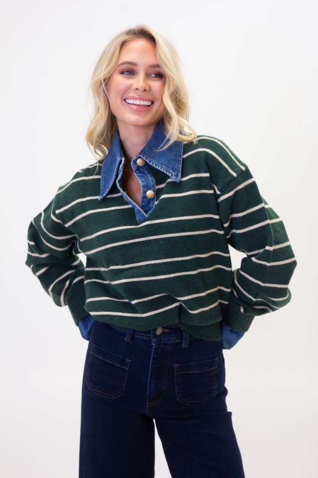 The Green Stripe Varsity Denim Collar Sweater