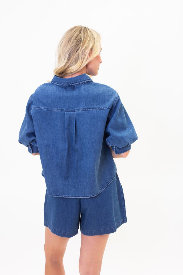 Denim Puff Sleeve Button Top