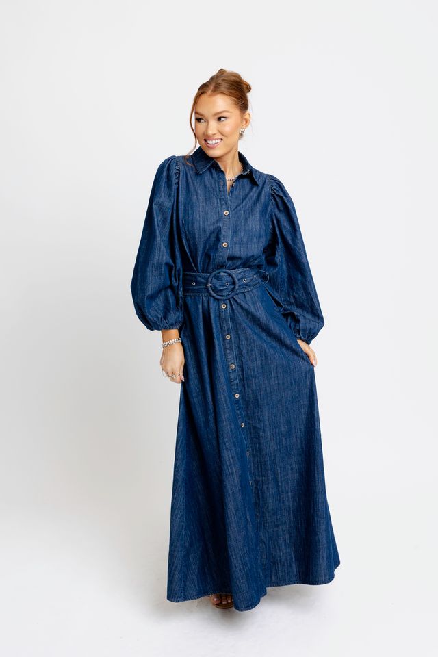 Denim Puff Slv Maxi Dress W/Belt