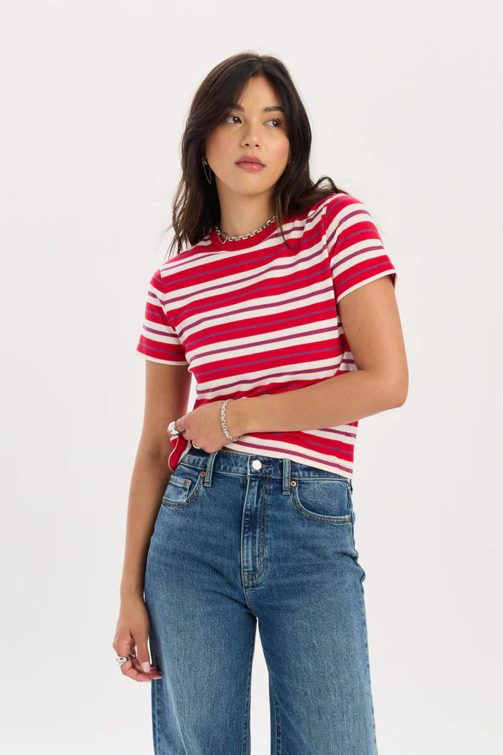 Zuma Crew Neck Tee in Scarlet Stripe - Daze Denim
