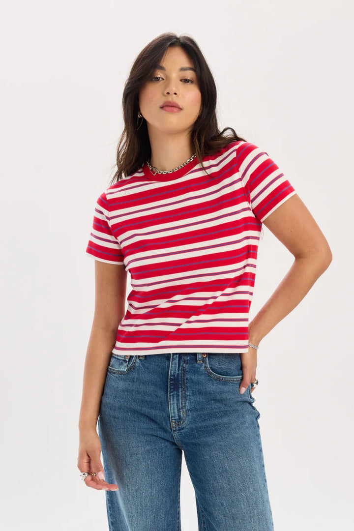 Zuma Crew Neck Tee in Scarlet Stripe - Daze Denim