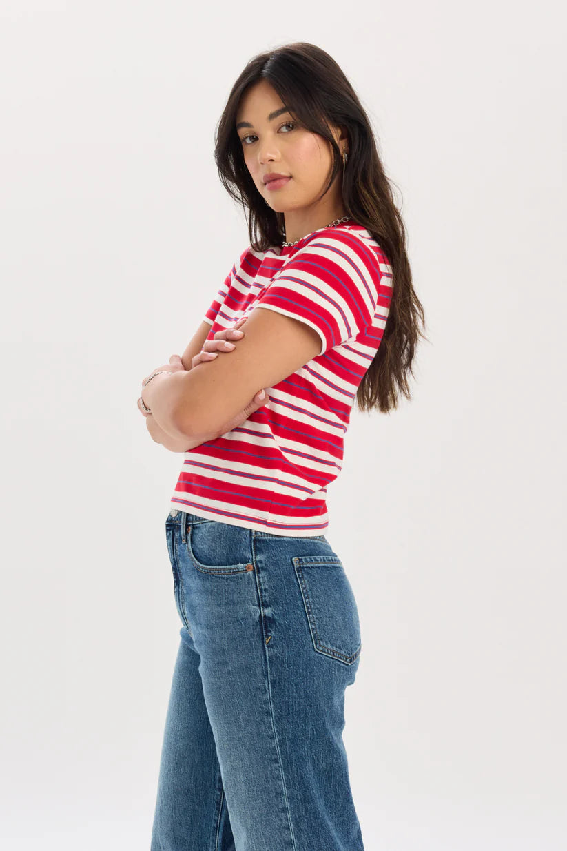 Zuma Crew Neck Tee in Scarlet Stripe - Daze Denim