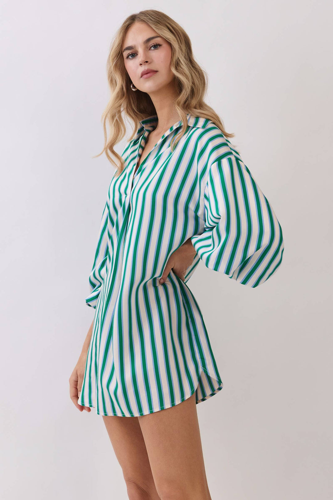 Balloon Sleeve Green Stripe Mini Dress
