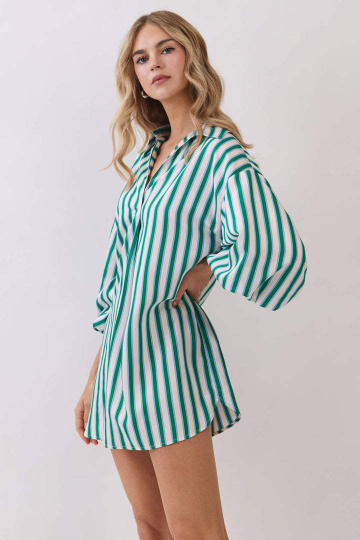 Balloon Sleeve Green Stripe Mini Dress