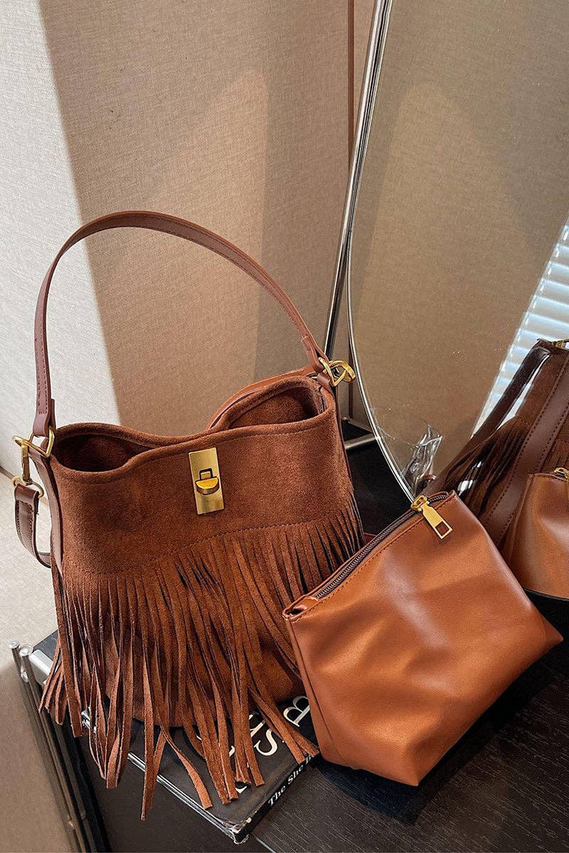 Fringe Accent Shoulder Crossbody Bag in Brown
