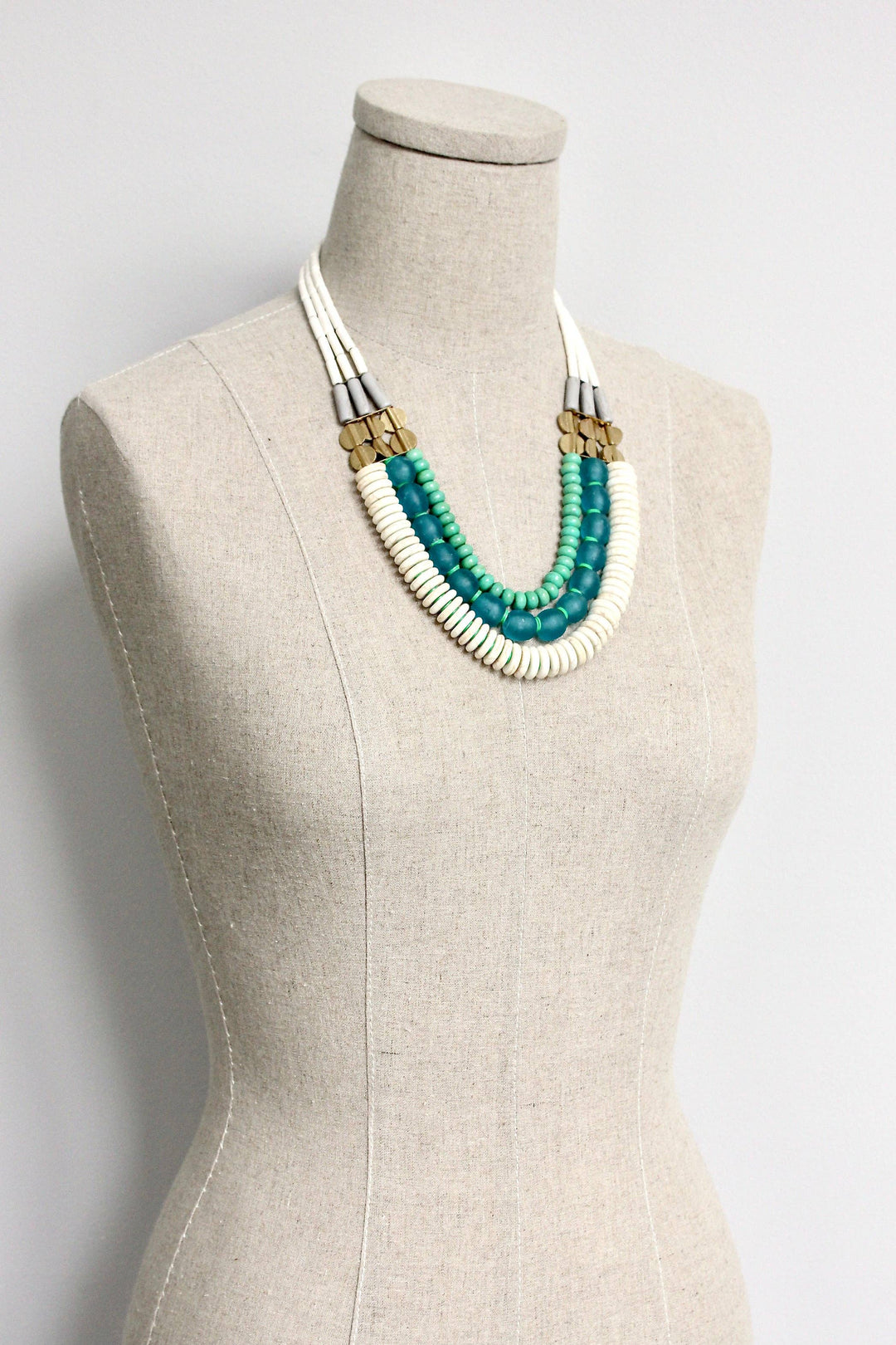 Triple Strand white, Aqua Ghana Glass and Turquoise