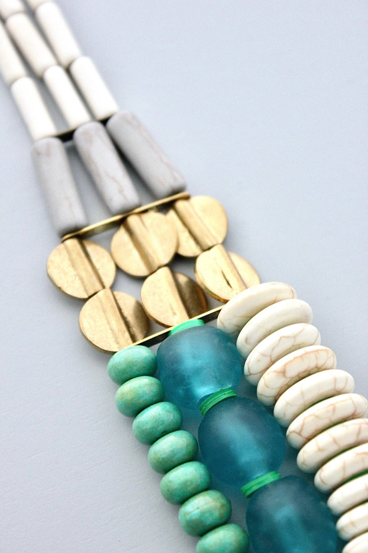 Triple Strand white, Aqua Ghana Glass and Turquoise