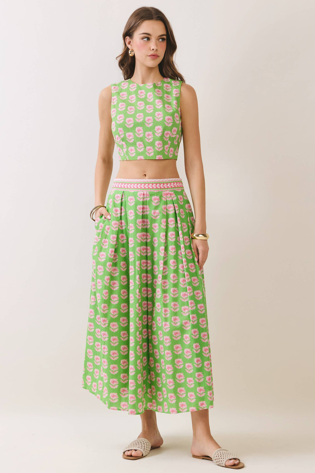 Green Floral Print Midi Skirt