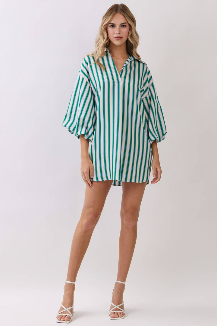 Balloon Sleeve Green Stripe Mini Dress