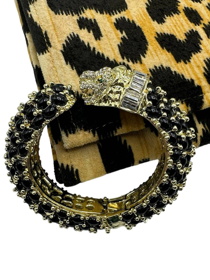 Beaded Leopard Hinged Bracelet in Black