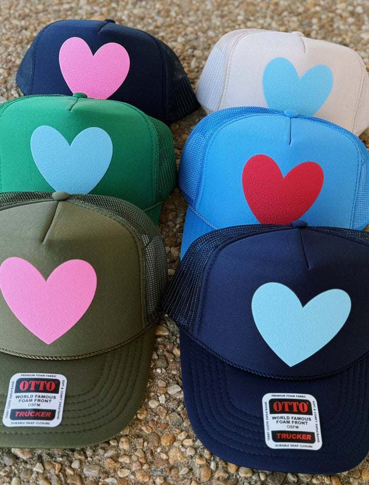 Happy Heart Trucker Hat: Light pink + red