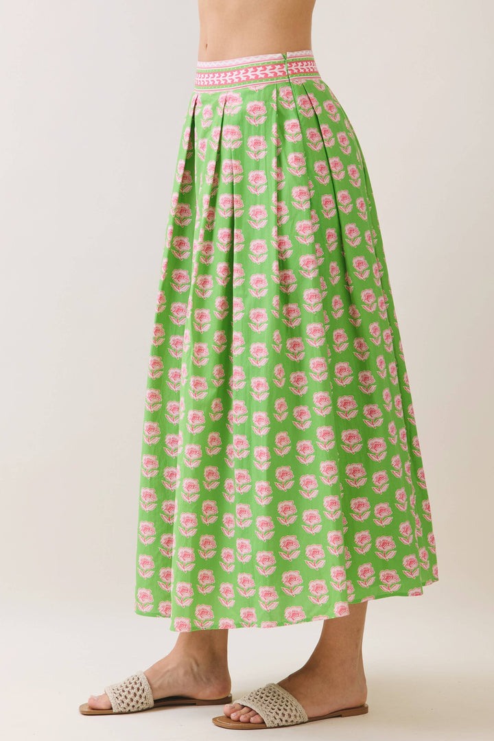 Green Floral Print Midi Skirt