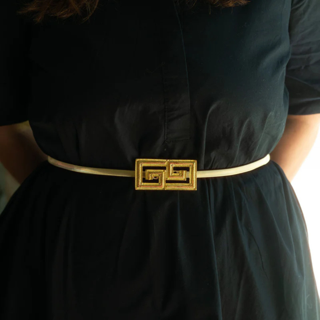 Greek Key Stretch Metal Belt Set w/ Metallic Gold Finish
