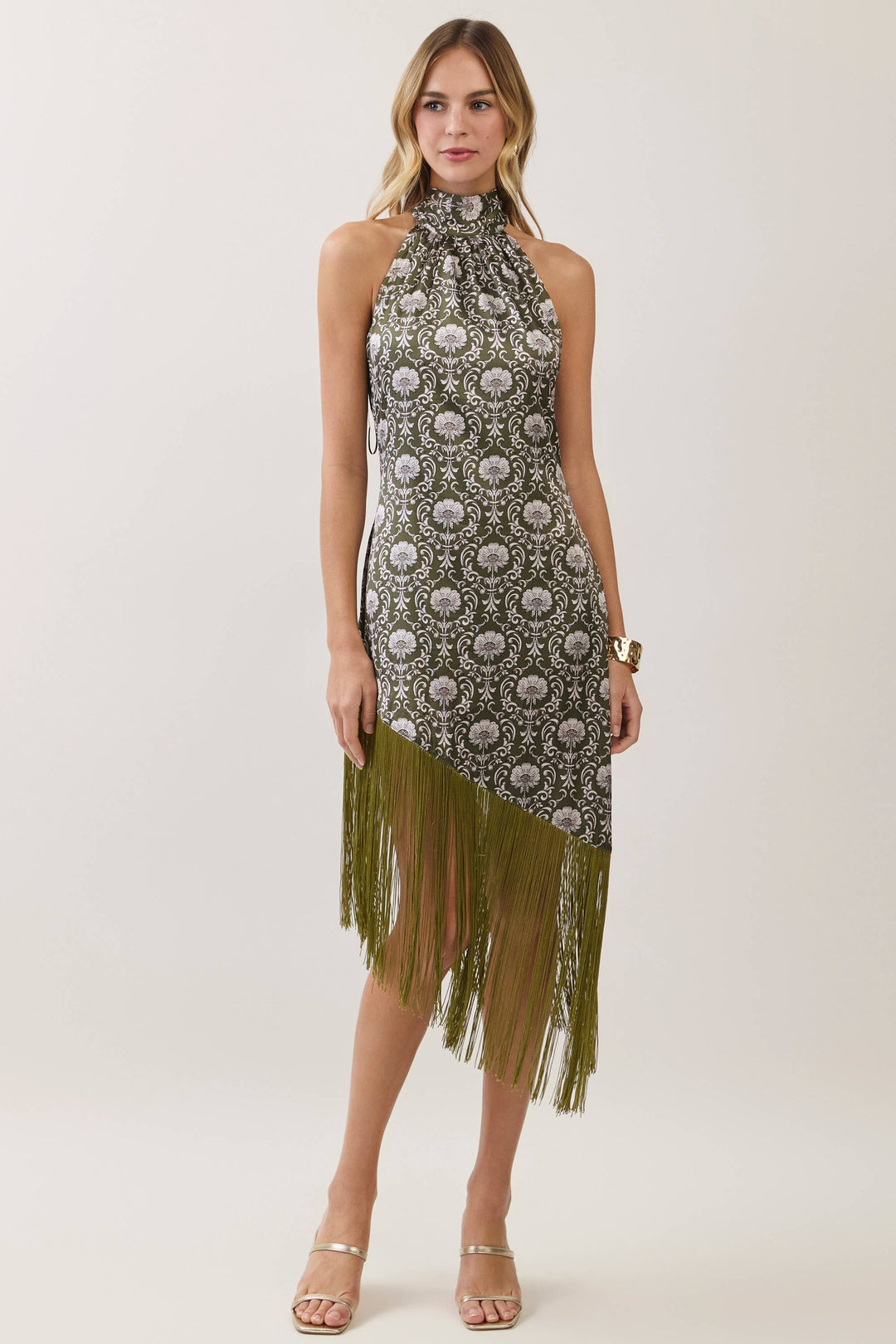Floral Print Halter Fringe Midi Dress