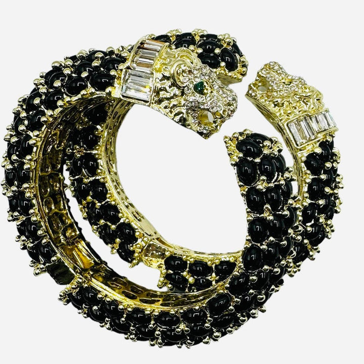 Beaded Leopard Hinged Bracelet in Black