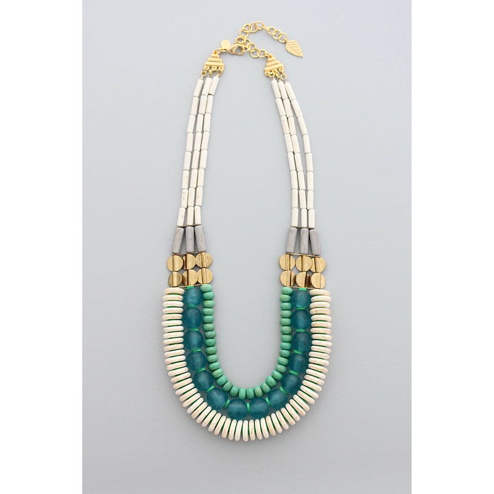 Triple Strand white, Aqua Ghana Glass and Turquoise