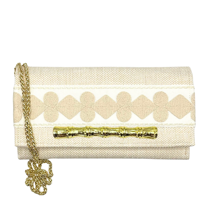 Neutral Thibaut Grass Cloth Crossbody with Embroidered Tape: Bamboo Stick