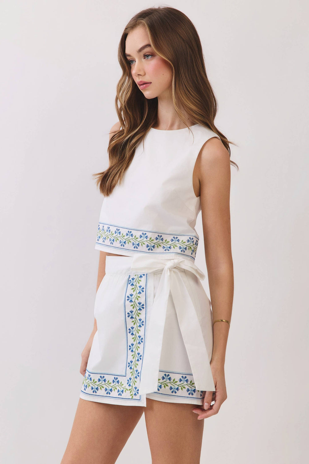 Floral Embroidered Wrap Skirt Set