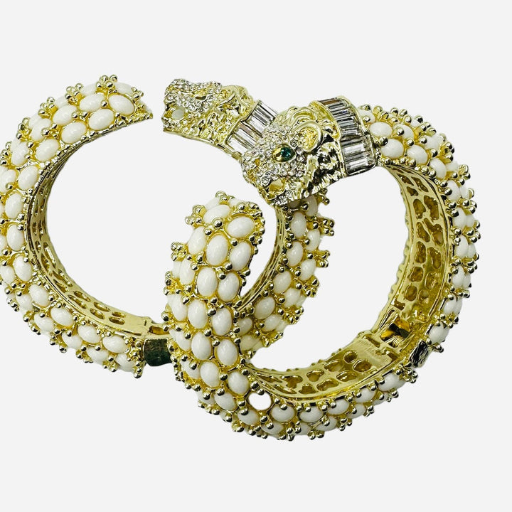 Beaded Leopard Hinged Bracelet in White