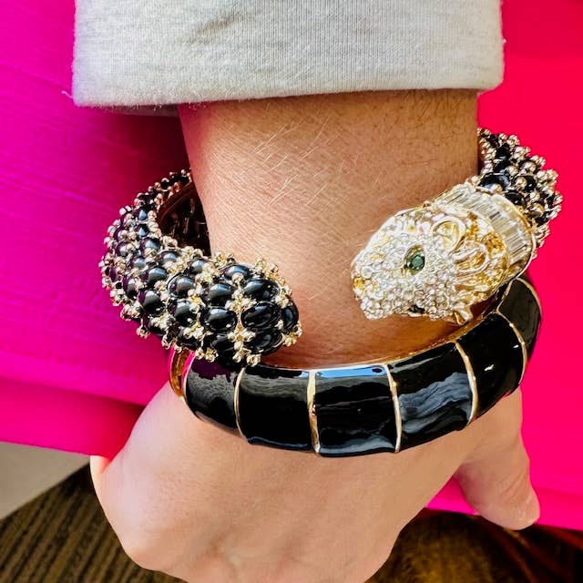 Beaded Leopard Hinged Bracelet in Black