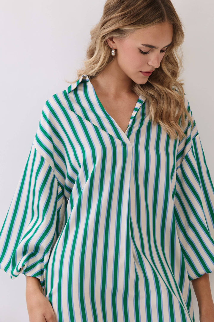 Balloon Sleeve Green Stripe Mini Dress