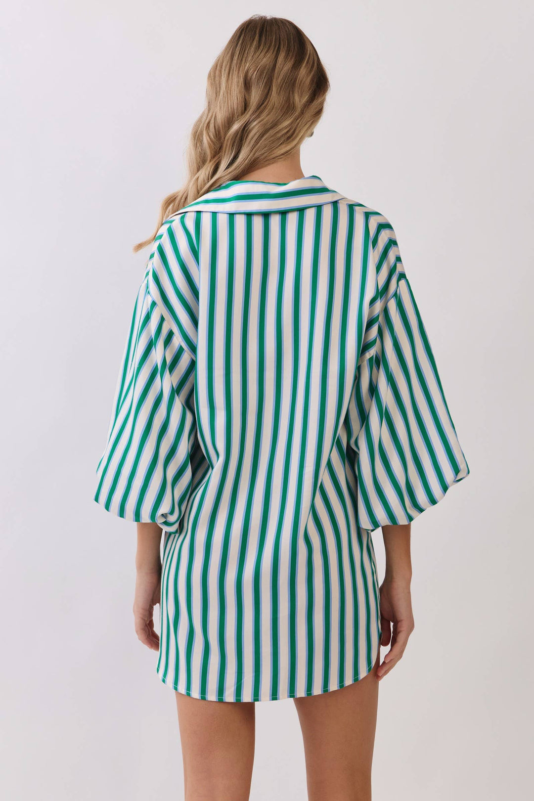Balloon Sleeve Green Stripe Mini Dress