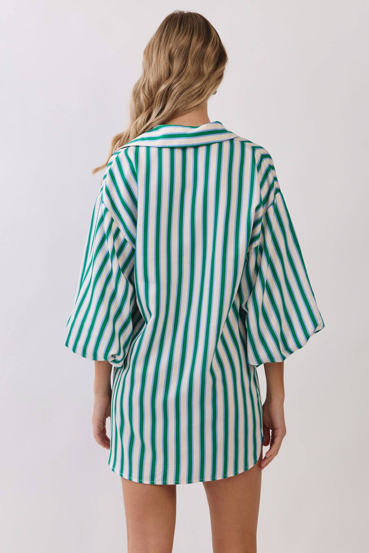 Balloon Sleeve Green Stripe Mini Dress