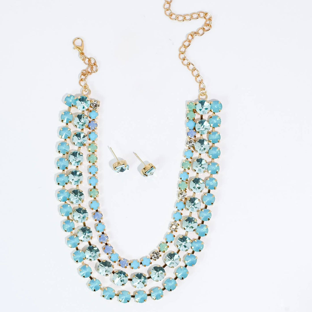 Light blue Teal three strand Crystal Jewelry Set