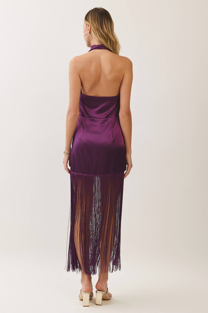 Satin Cowl Neck Fringe Halter Midi Dress