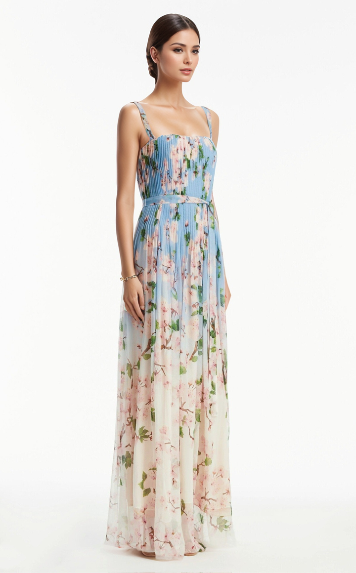Chiffon Floral Pleated Maxi Dress