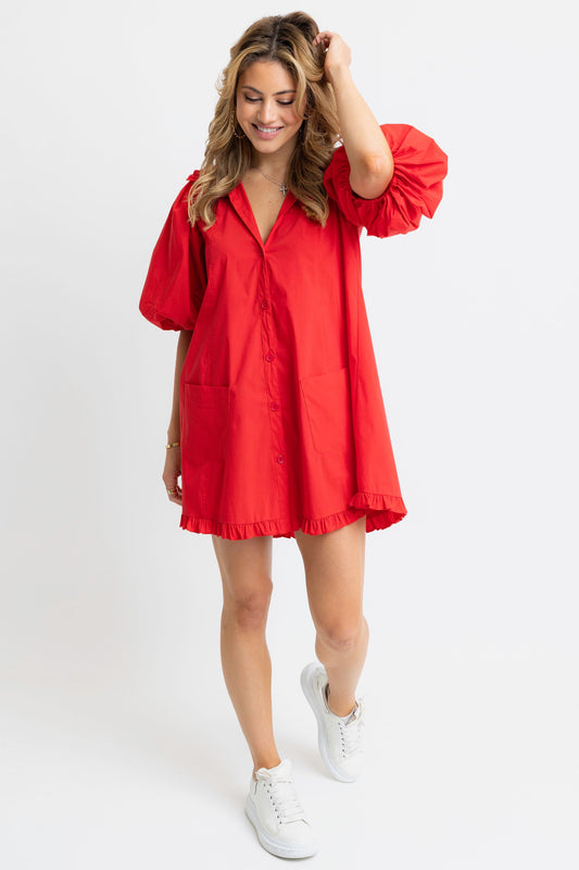 Red Babydoll Button Dress