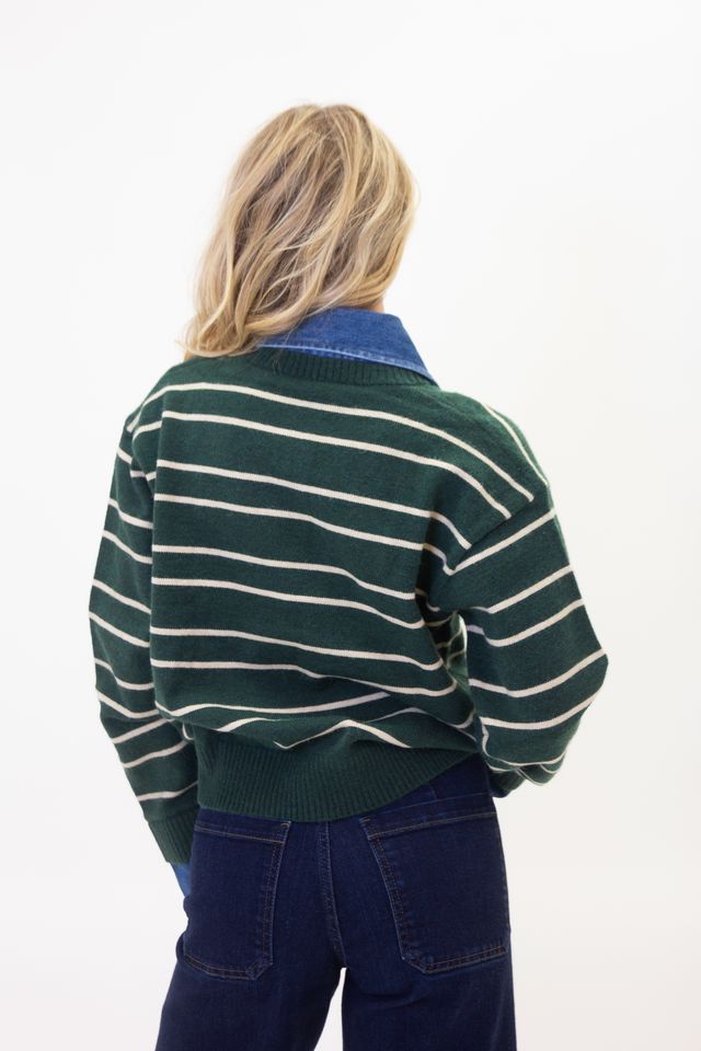 The Green Stripe Varsity Denim Collar Sweater