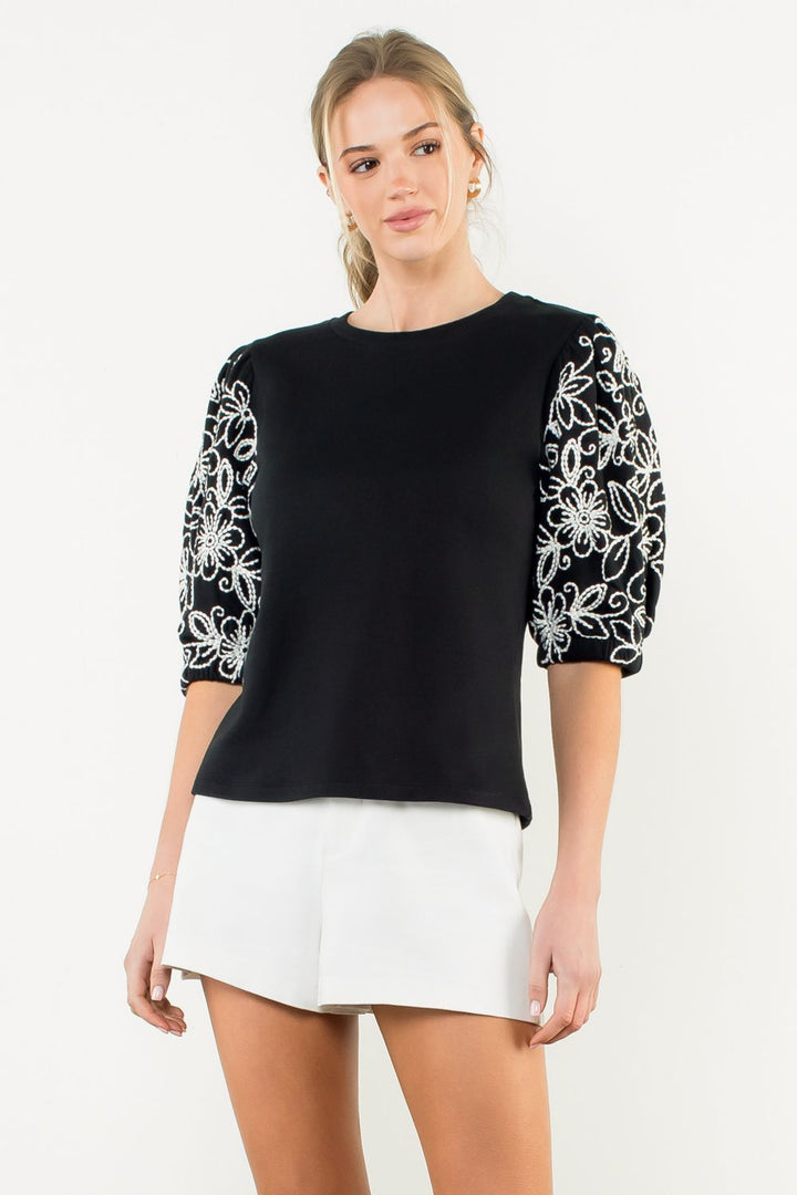 Black Embroidered Sleeve Top