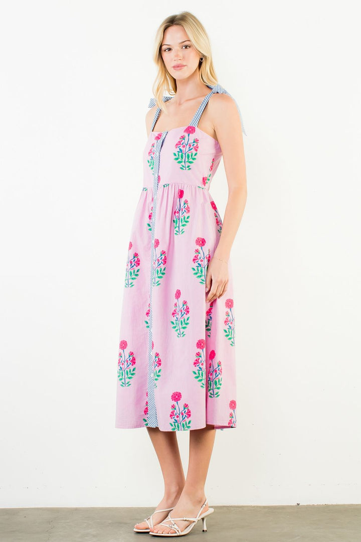 Pink Floral Tie Strap Midi Dress
