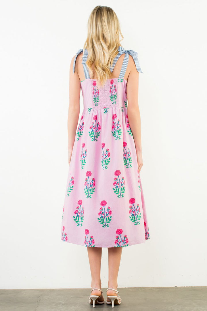 Pink Floral Tie Strap Midi Dress