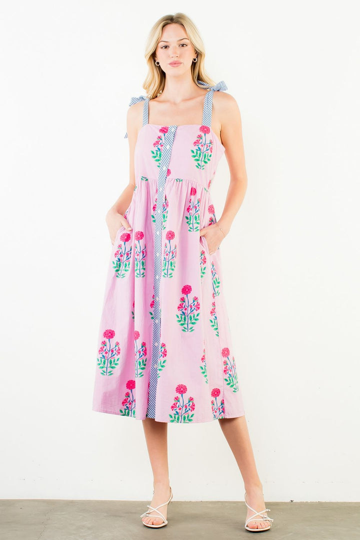 Pink Floral Tie Strap Midi Dress