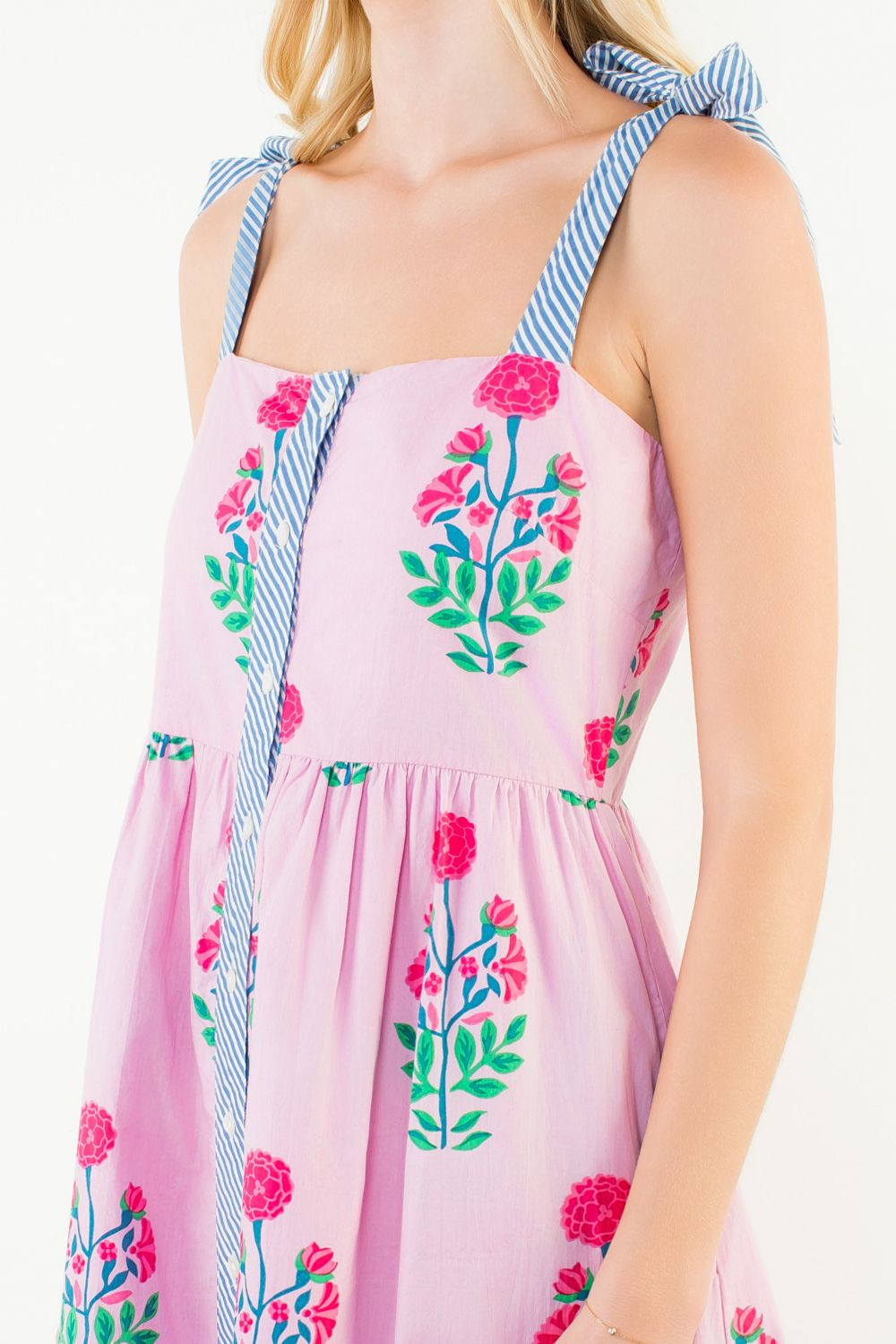 Pink Floral Tie Strap Midi Dress
