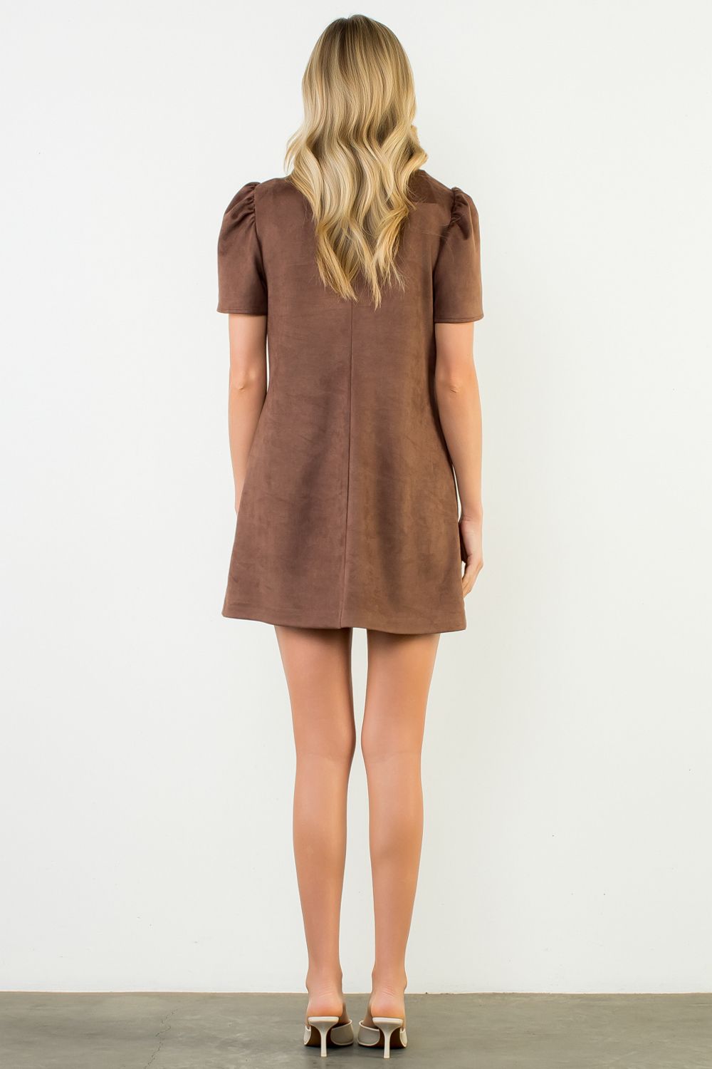 Brown Short Sleeve Suede Dress