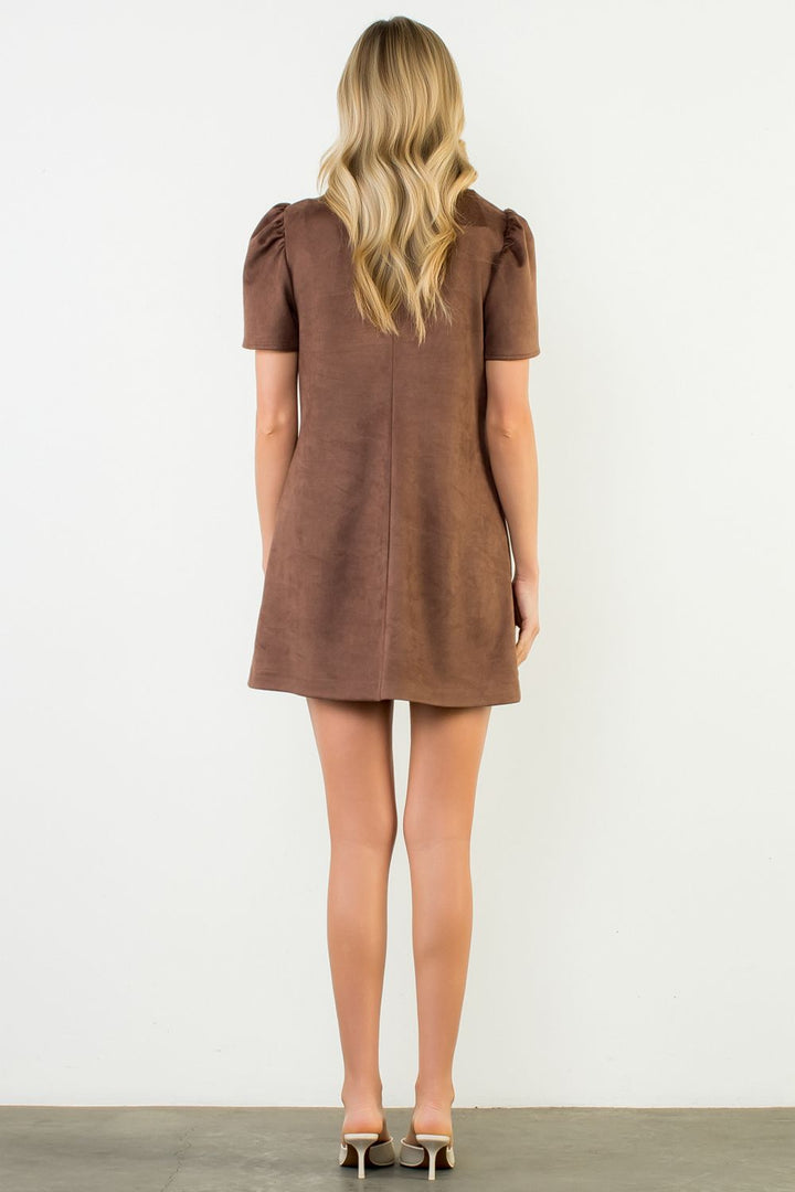 Brown Short Sleeve Suede Dress