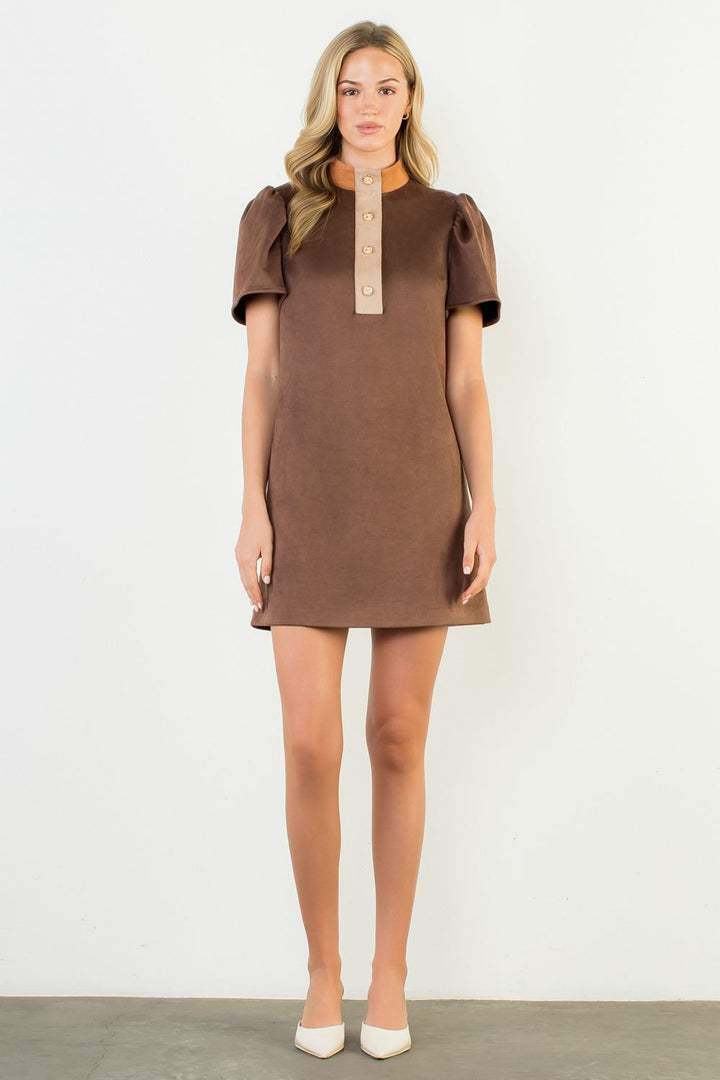 Brown Short Sleeve Suede Dress