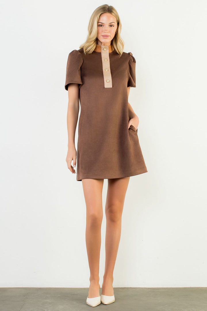 Brown Short Sleeve Suede Dress