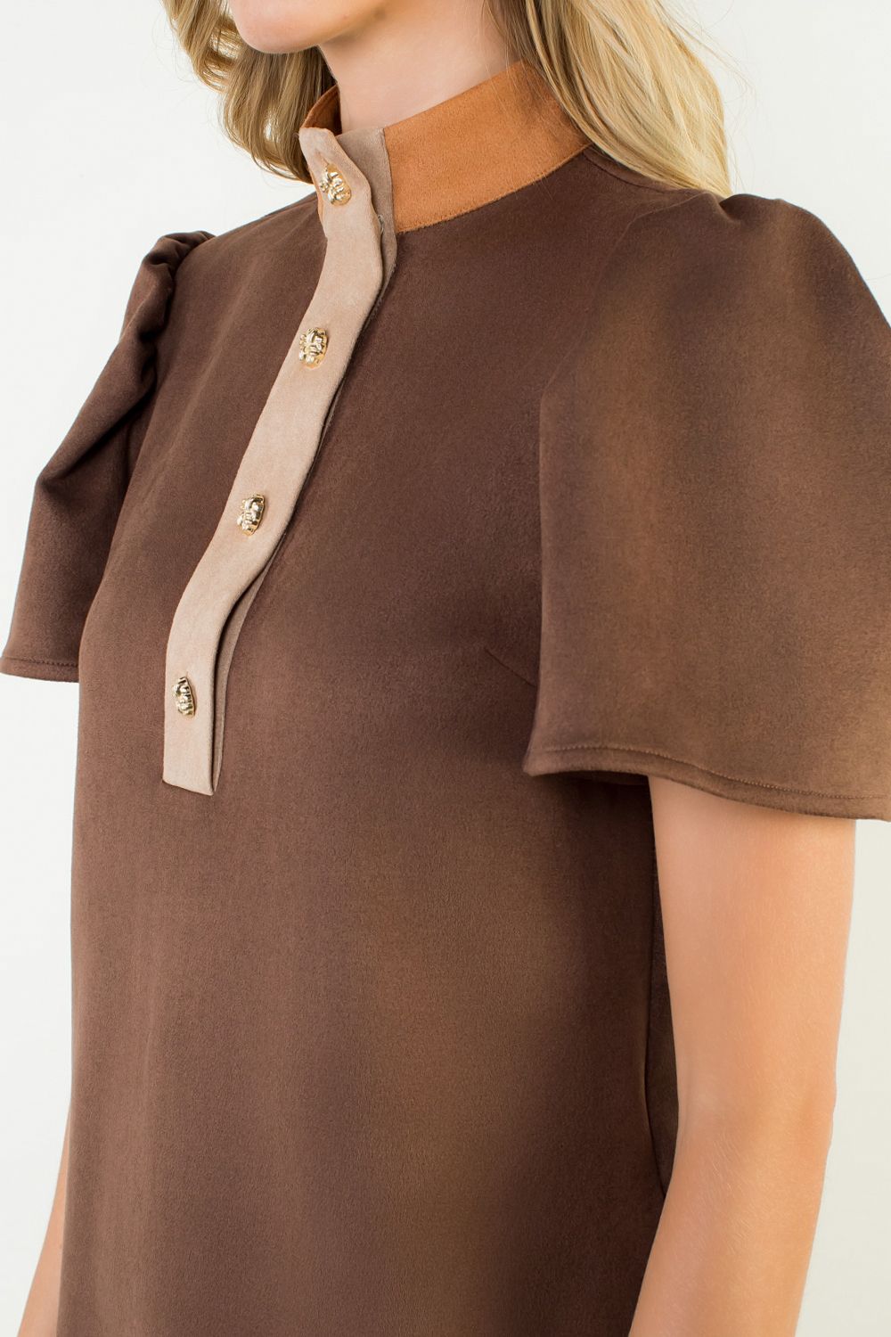 Brown Short Sleeve Suede Dress