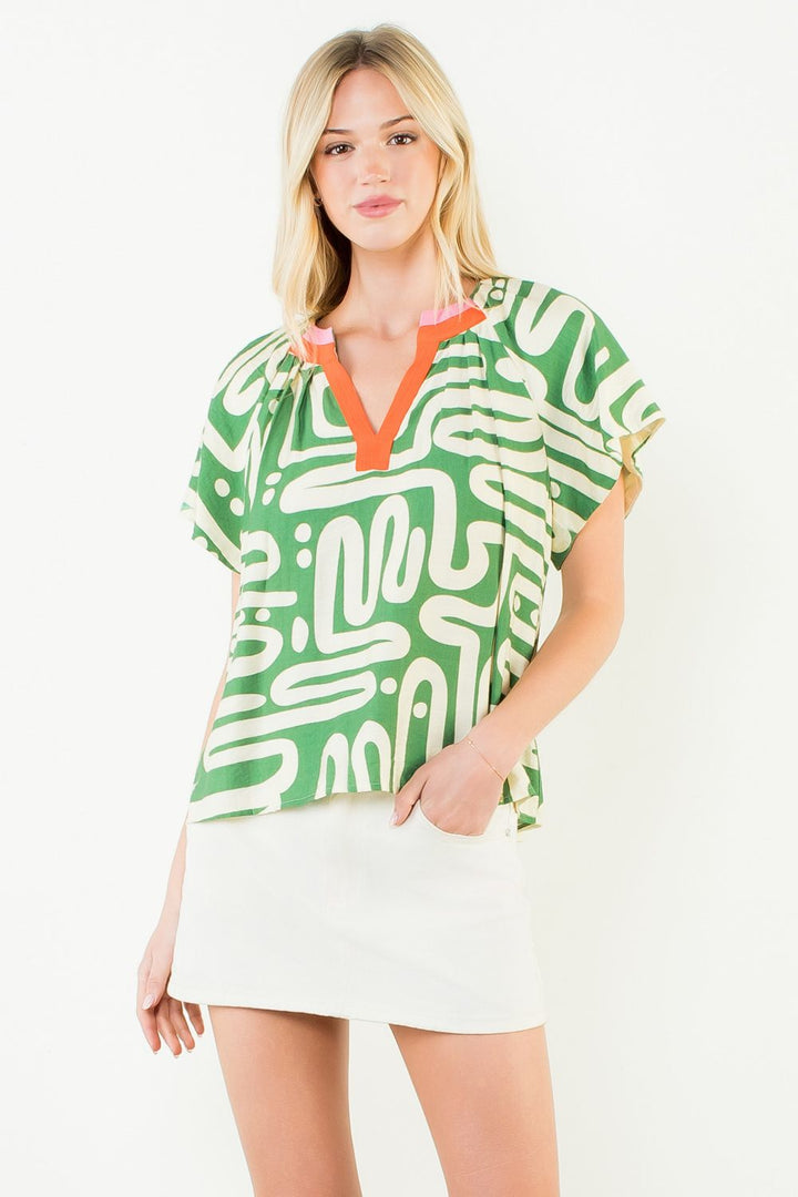 Green Patterned V-Neck Top