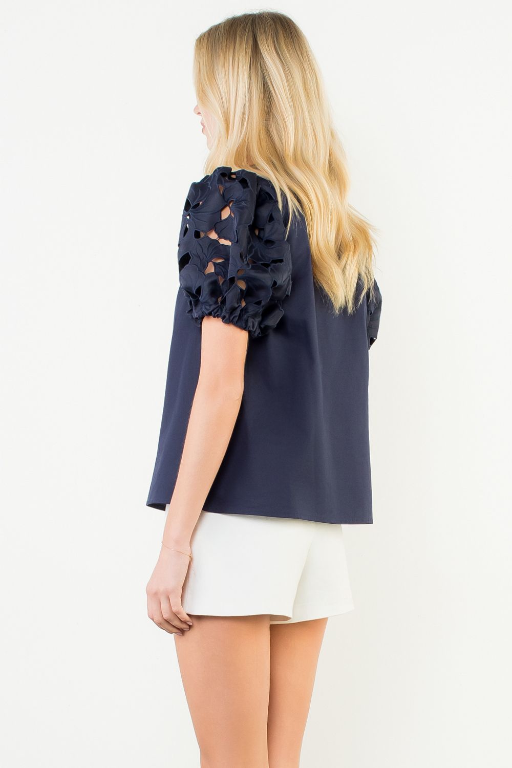 Navy Eyelet Sleeve V-Neck Top