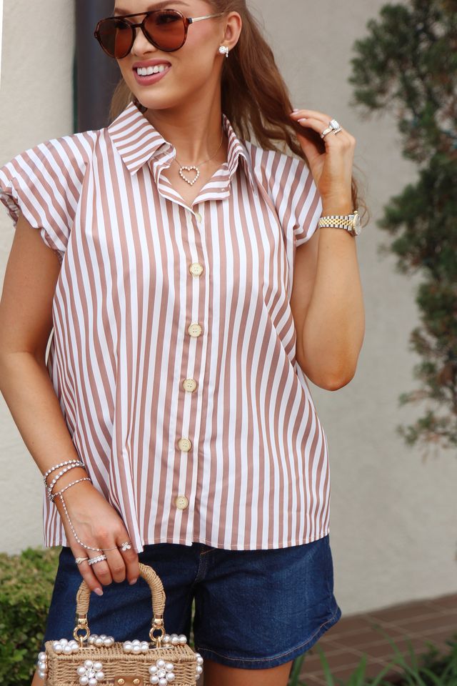 Brown Stripe Bubble Sleeve Top