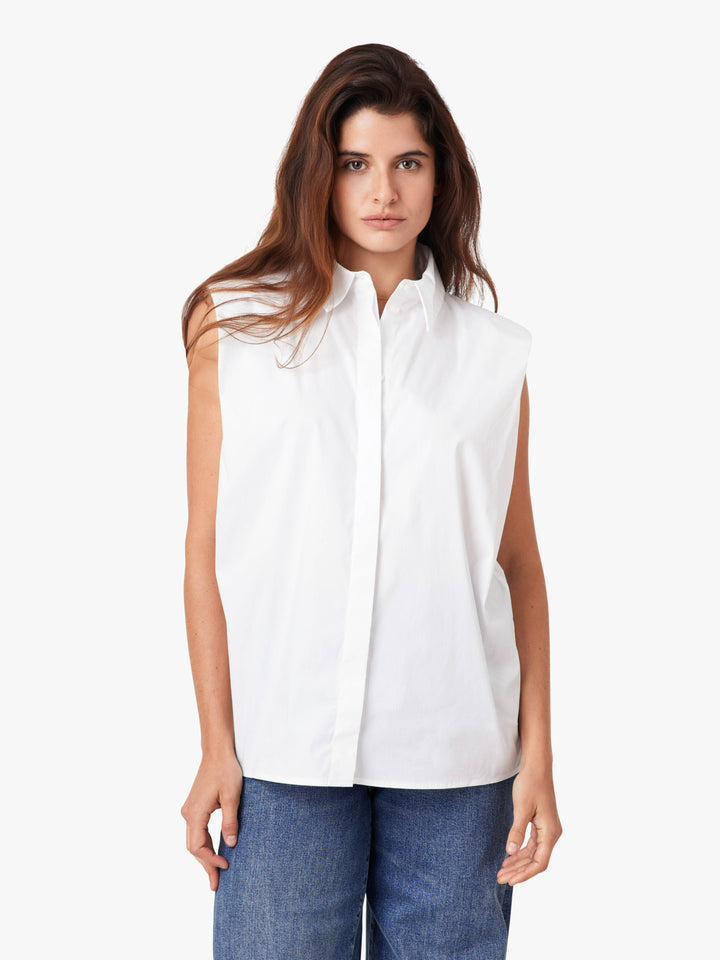 White Sleeveless Button Down Top