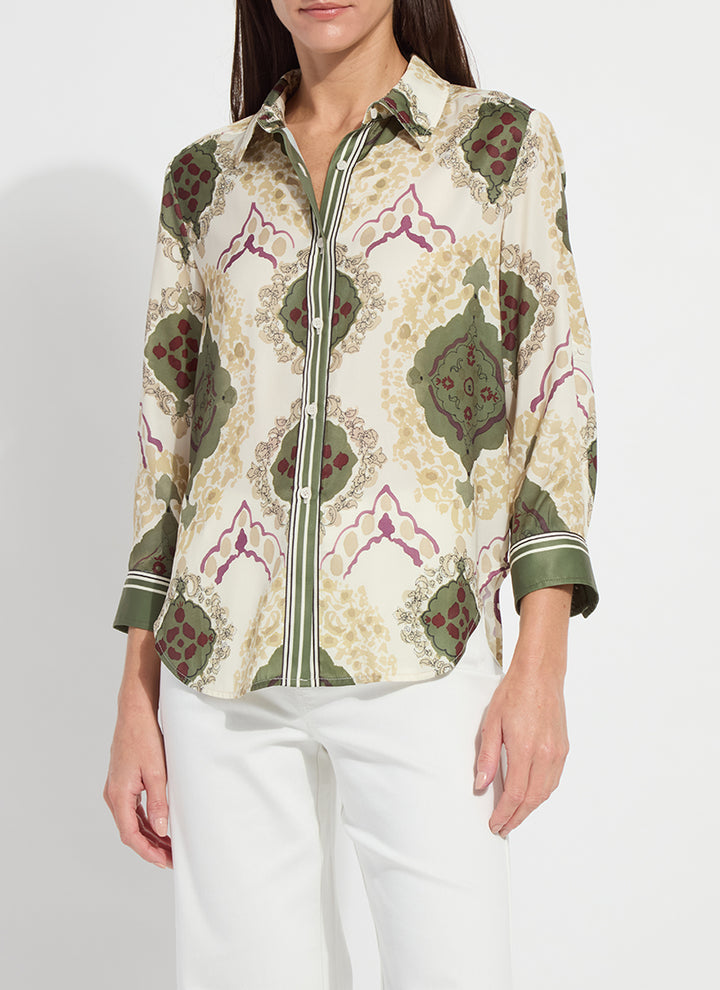 Artful Olive Printed V-Neck Top